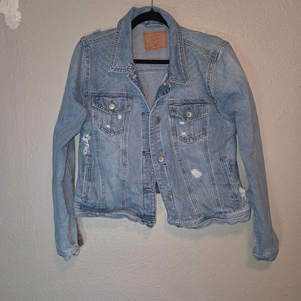 Amethyst Jeans Distressed Denim Jacket Quilted Yoke Light Wash Trucker Women XL